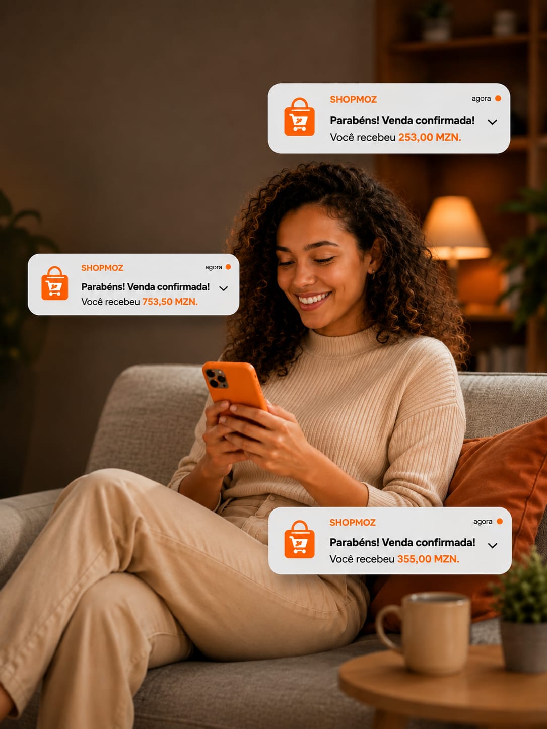 Vendedor utilizando o ShopMoz no telemóvel e acompanhando notificações de vendas